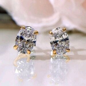 Gold Plated Stud Earrings With A 4C Ttl Weight Oval Simulant CZ Diamond; NWOT